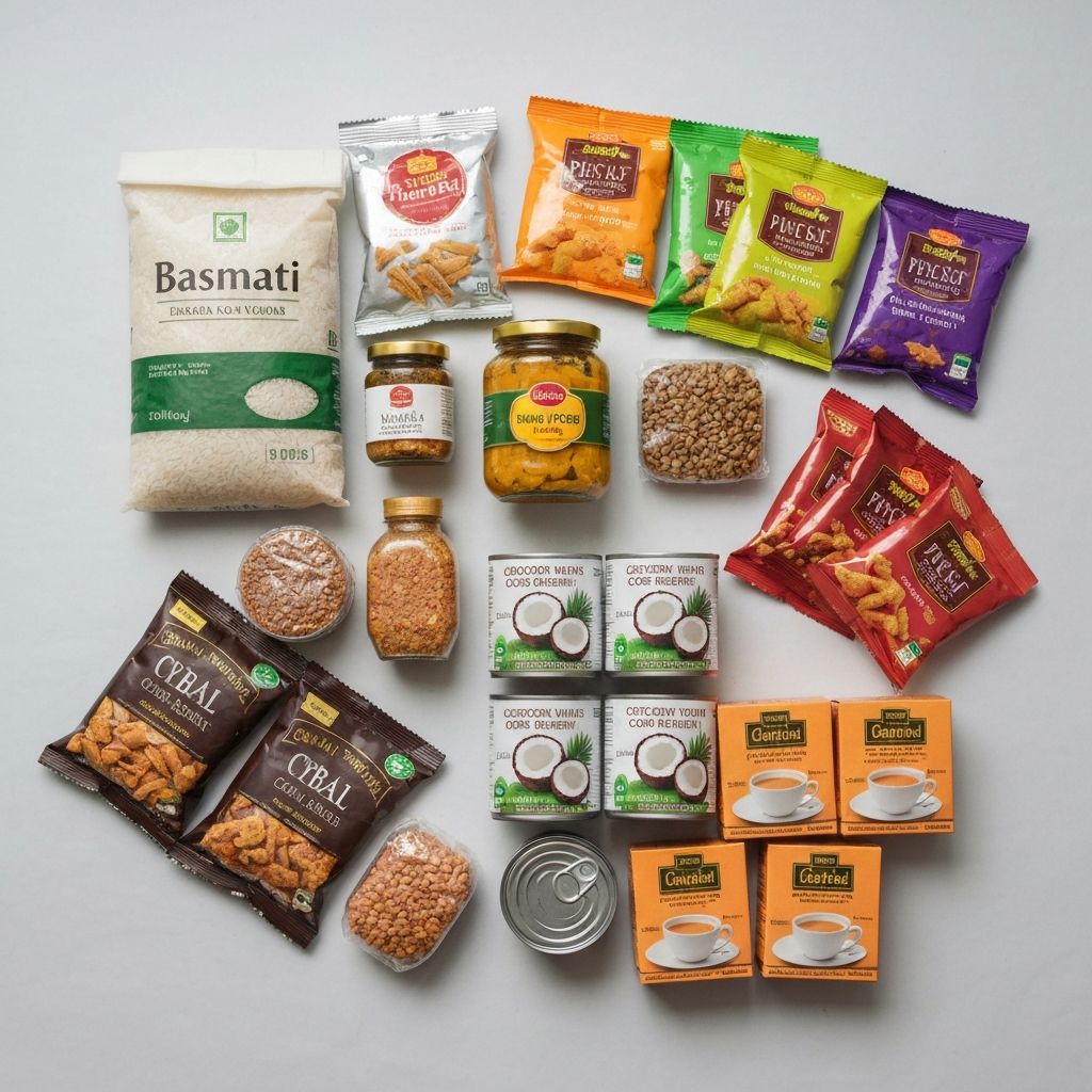 Indian pantry staples including basmati rice, lentils, and canned goods