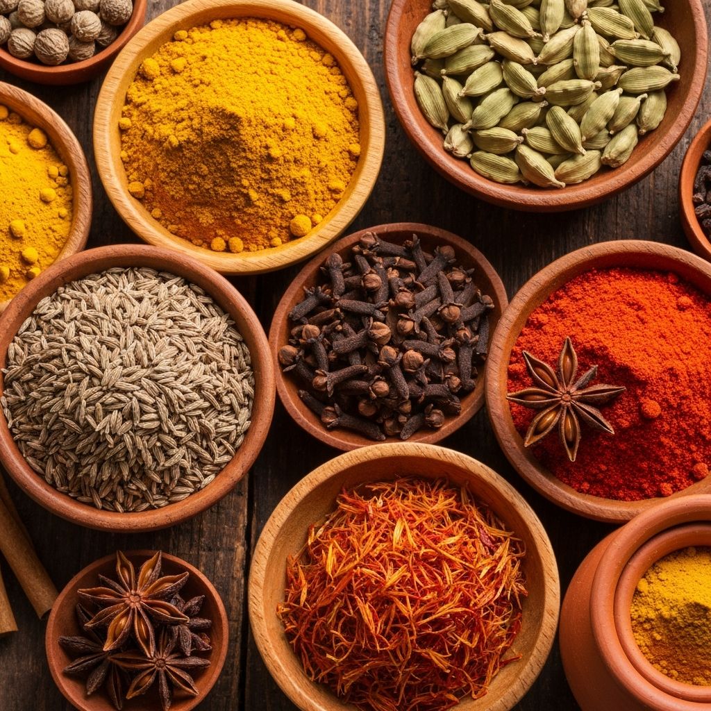 Colourful Indian spices including turmeric, paprika, cumin and cardamom arranged in bowls